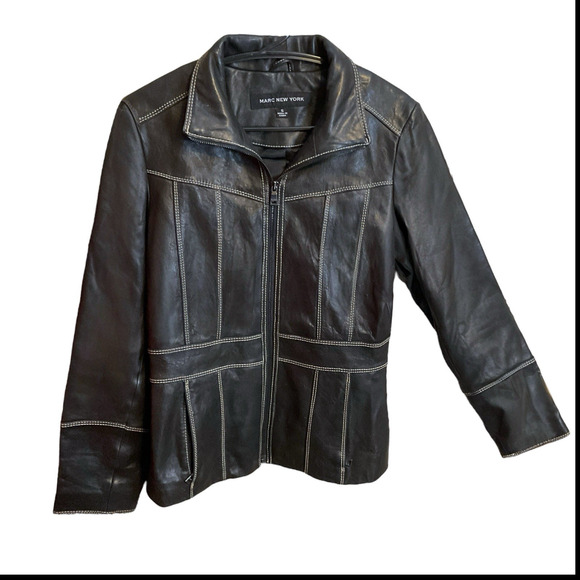 Marc New York Black Soft Lambskin Women's Jacket Sz S Contrast Stitch Moto Style - Picture 1 of 13